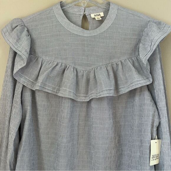 A.N.A. New Long Sleeve Peasant Boho Gray Striped Ruffle High Neck Blouse Top - Picture 2 of 16
